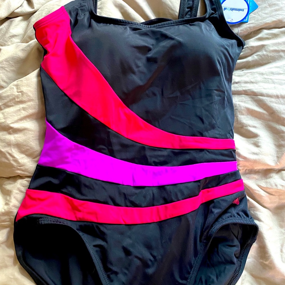 Aquabelle black pink one piece swimsuit Large NWT